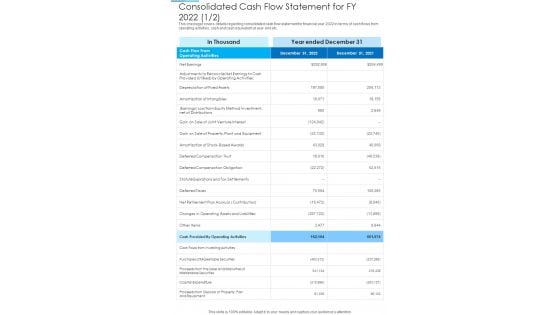 Consolidated Cash Flow Statement For FY 2022 Template 303 One Pager Documents Consolidated Cash Flow Statement For FY 2022 Template 303 One Pager Documents