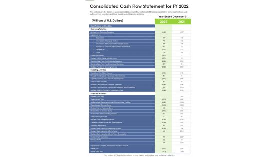 Consolidated Cash Flow Statement For FY 2022 Template 321 One Pager Documents