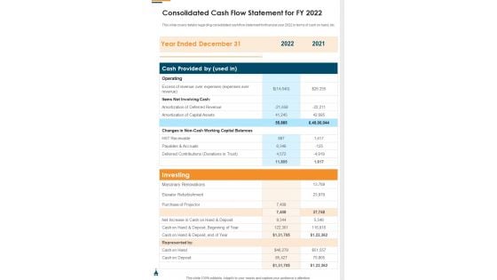 Consolidated Cash Flow Statement For FY 2022 Template 357 One Pager Documents