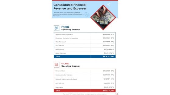 Consolidated Financial Revenue And Expenses One Pager Documents