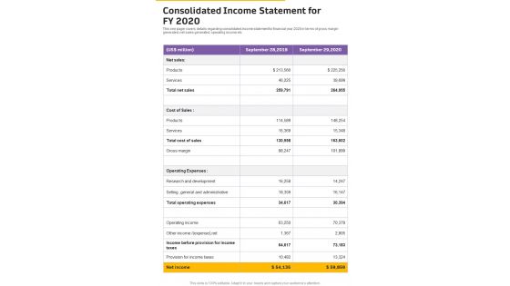 Consolidated Income Statement For FY 2020 Template 27 One Pager Documents Consolidated Income Statement For FY 2020 Template 27 One Pager Documents