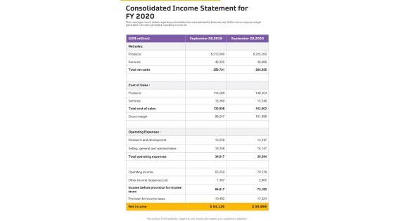 Consolidated Income Statement For FY 2020 Template 27 One Pager Documents