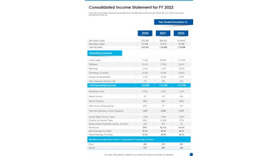 Consolidated Income Statement For FY 2022 Template 155 One Pager Documents