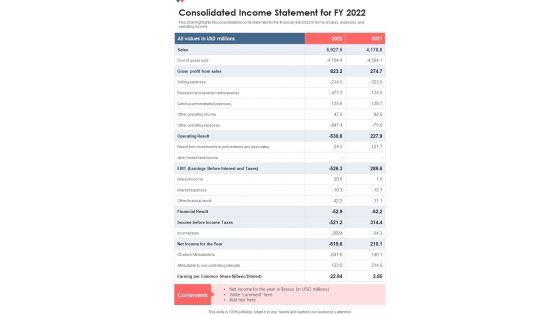 Consolidated Income Statement For FY 2022 Template 214 One Pager Documents