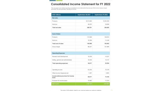 Consolidated Income Statement For FY 2022 Template 233 One Pager Documents