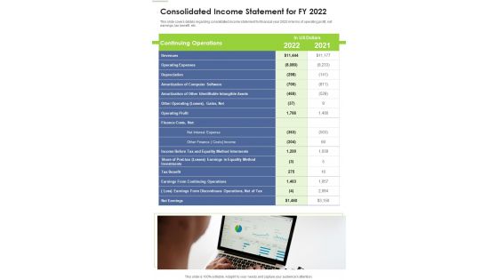 Consolidated Income Statement For FY 2022 Template 322 One Pager Documents