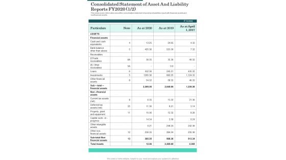 Consolidated Statement Of Asset And Liability Reports FY2020 Template 54 One Pager Documents