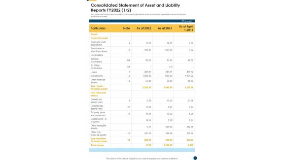 Consolidated Statement Of Asset And Liability Reports FY2022 One Pager Documents