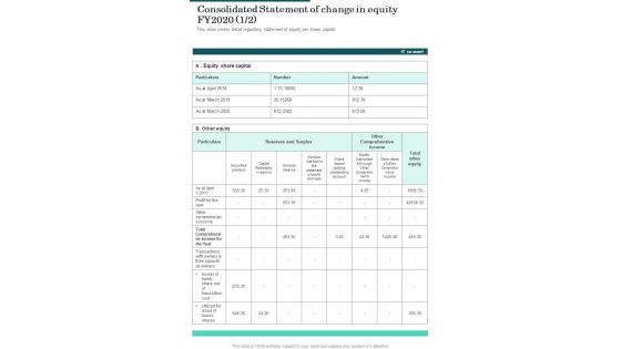 Consolidated Statement Of Change In Equity FY2020 Template 55 One Pager Documents