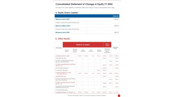 Consolidated Statement Of Change In Equity FY 2022 Template 363 One Pager Documents