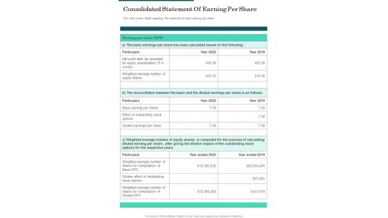 Consolidated Statement Of Earning Per Share One Pager Documents