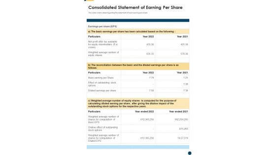 Consolidated Statement Of Earning Per Share Template 182 One Pager Documents