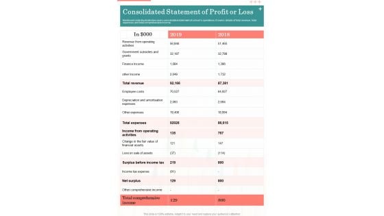 Consolidated Statement Of Profit Or Loss One Pager Documents