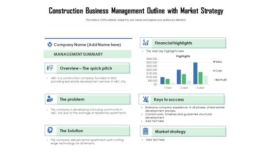 Construction Business Management Outline With Market Strategy Ppt PowerPoint Presentation Slides Example PDF