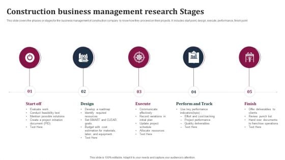 Construction Business Management Research Stages Infographics PDF