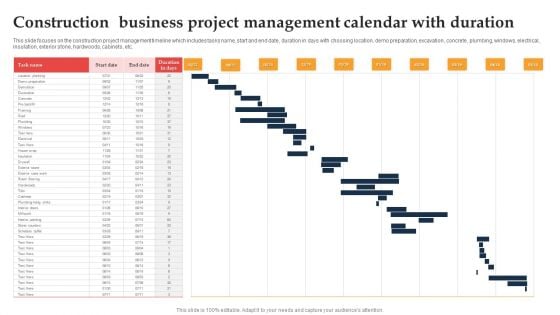 Construction Business Project Management Calendar With Duration Ppt Model Infographics PDF Construction Business Project Management Calendar With Duration Ppt Model Infographics PDF