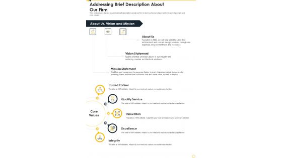 Construction Concept Blueprint Addressing Brief Description About Our Firm One Pager Sample Example Document