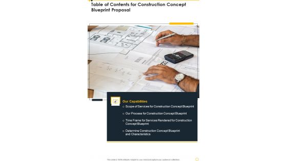 Construction Concept Blueprint Proposal Table Of Contents One Pager Sample Example Document