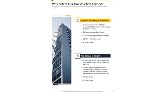 Construction Concept Blueprint Proposal Why Select Our Construction Services One Pager Sample Example Document