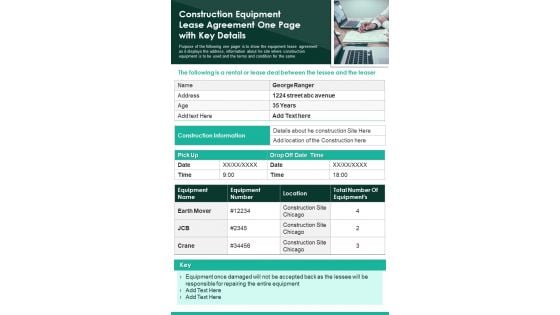 Construction Equipment Lease Agreement One Page With Key Details PDF Document PPT Template