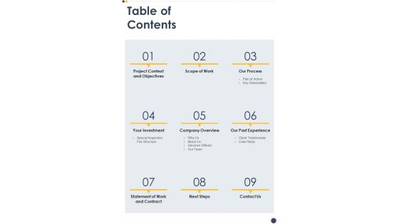 Construction Inspection Proposal Table Of Contents One Pager Sample Example Document