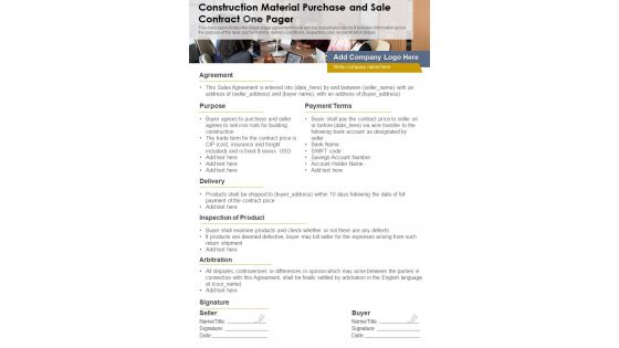 Construction Material Purchase And Sale Contract One Pager PDF Document PPT Template