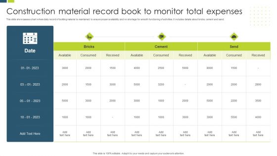 Construction Material Record Book To Monitor Total Expenses Professional PDF
