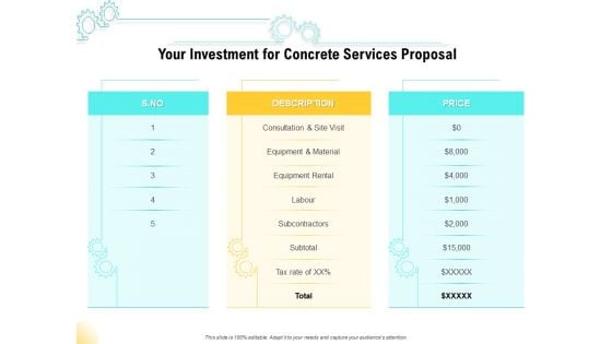 Construction Material Service Your Investment For Concrete Services Proposal Brochure PDF