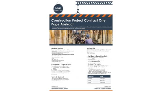 Construction Project Contract One Page Abstract PDF Document PPT Template