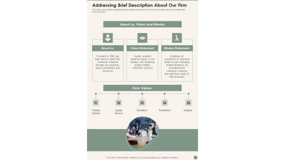 Construction Project Contractual Work Addressing Brief Description About Our Firm Wd One Pager Sample Example Document