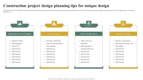 Construction Project Design Planning Tips For Unique Design Slides PDF