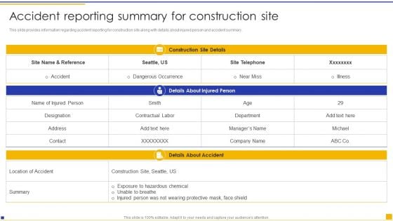 Construction Project Instructions Playbook Accident Reporting Summary For Construction Site Themes PDF