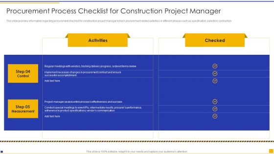 Construction Project Instructions Playbook Procurement Process Checklist For Construction Project Manager Themes PDF