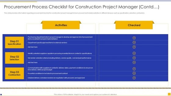 Construction Project Instructions Playbook Procurement Process Checklist For Construction Project Manager Themes PDF