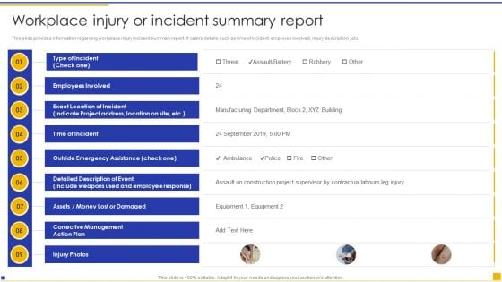 Construction Project Instructions Playbook Workplace Injury Or Incident Summary Report Diagrams PDF