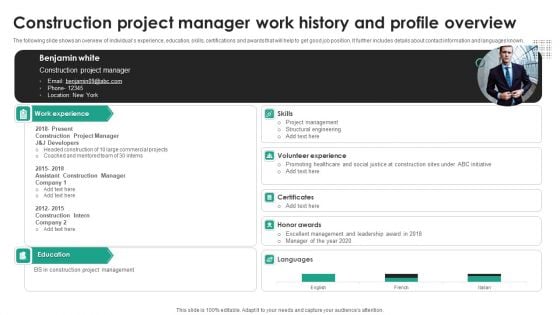 Construction Project Manager Work History And Profile Overview Information PDF
