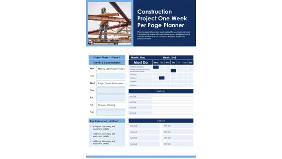 Construction Project One Week Per Page Planner PDF Document PPT Template