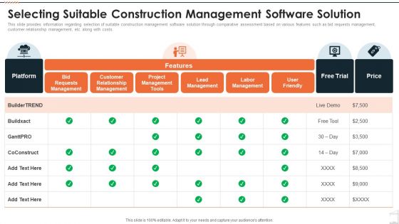 Construction Project Playbook Selecting Suitable Construction Management Software Solution Ppt Infographics Model PDF