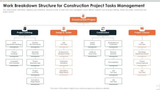 Construction Project Playbook Work Breakdown Structure For Construction Project Tasks Management Ppt Layout PDF