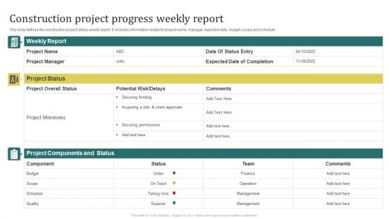 Construction Project Progress Weekly Report Elements PDF