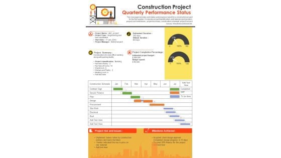 Construction Project Quarterly Performance Status PDF Document PPT Template