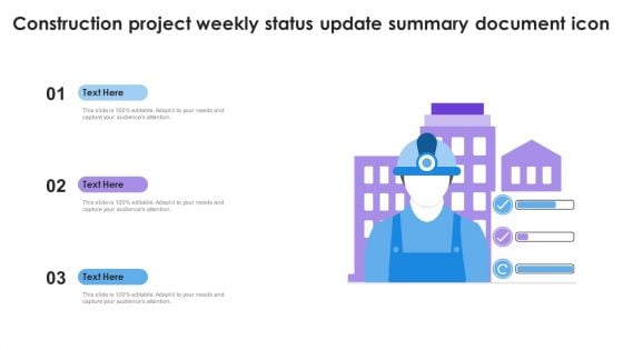 Construction Project Weekly Status Update Summary Document Icon Slides PDF