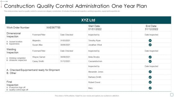 Construction Quality Control Administration One Year Plan Infographics PDF