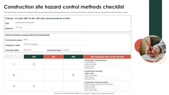 Construction Site Hazard Control Methods Checklist Ppt Slides Ideas PDF