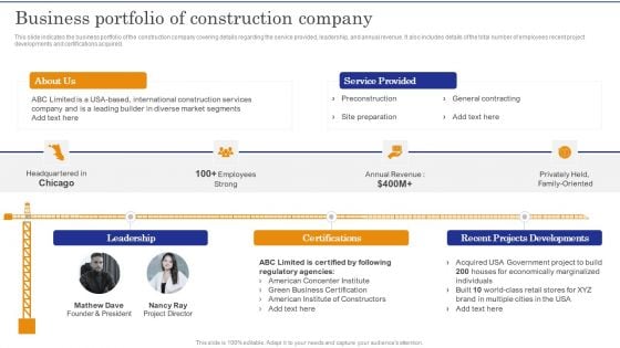 Construction Site Safety Measure Business Portfolio Of Construction Company Professional PDF