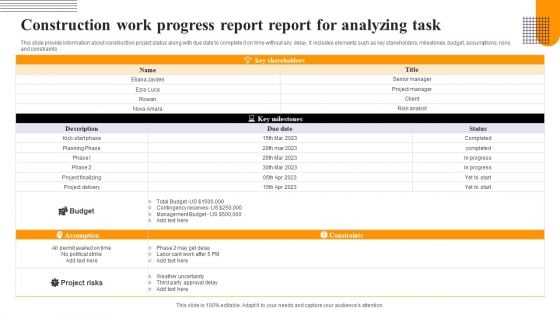 Construction Work Progress Report Report For Analyzing Task Introduction PDF