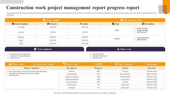 Construction Work Project Management Report Progress Report Ideas PDF