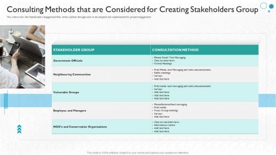 Consulting Methods That Are Considered For Creating Stakeholders Group Ppt Slides Portrait PDF