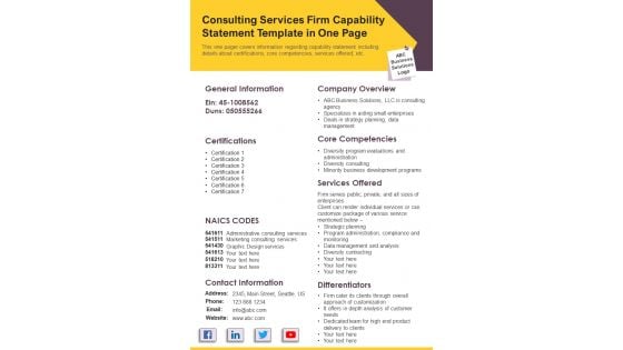 Consulting Services Firm Capability Statement Template In One Page PDF Document PPT Template