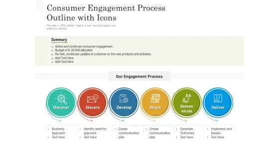 Consumer Engagement Process Outline With Icons Ppt PowerPoint Presentation Portfolio Show PDF